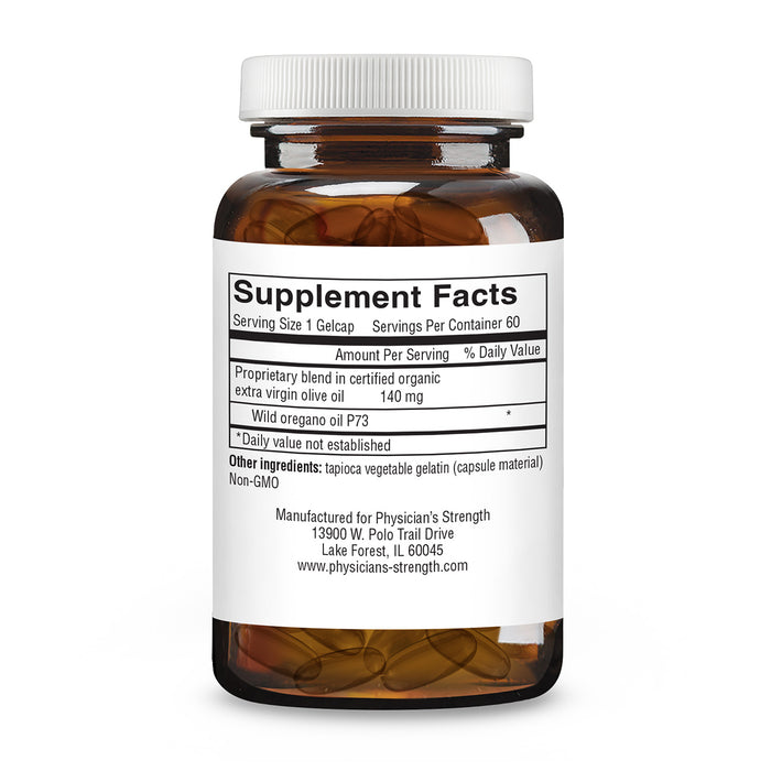 An amber supplement bottle with a white cap and a white label reading 'Supplement Facts' on a plain white background. The label also shows manufacturer text for Physician's Strength.