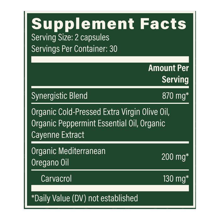 Supplement facts label with ingredients and amounts on a green background