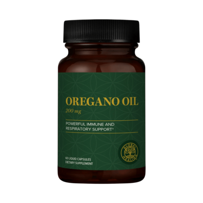 Bottle of oregano oil supplement with green label on a white background