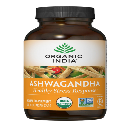 Organic India Ashwagandha, 180 veg capsules, front of bottle