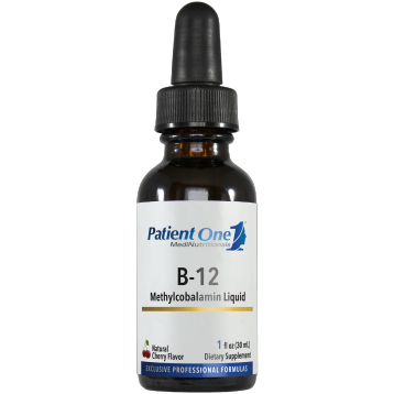 Patient One B-12 Methylcobalamin Liquid, 1 fl oz, front of dropper bottle