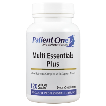 A bottle of Patient One Multi Essentials Plus dietary supplement with 60 liquid veg capsules. The label is white with blue and red text and the company logo 'Patient One MedINutritionals' at the top.