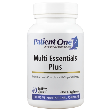 A bottle of Patient One Multi Essentials Plus dietary supplement with 60 liquid veg capsules. The label is white with blue and red text and the company logo 'Patient One MedINutritionals' at the top.