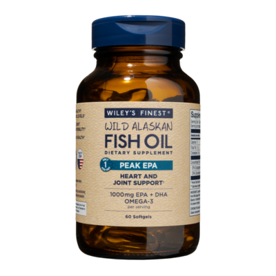 A bottle of Wiley's Finest Wild Alaskan Fish Oil Peak EPA dietary supplement with 1000mg EPA + DHA Omega-3 per softgel, containing 30 softgels.