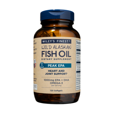 A bottle of Wiley's Finest Wild Alaskan Fish Oil Peak EPA dietary supplement with 1000mg EPA + DHA Omega-3 per softgel, containing 30 softgels.