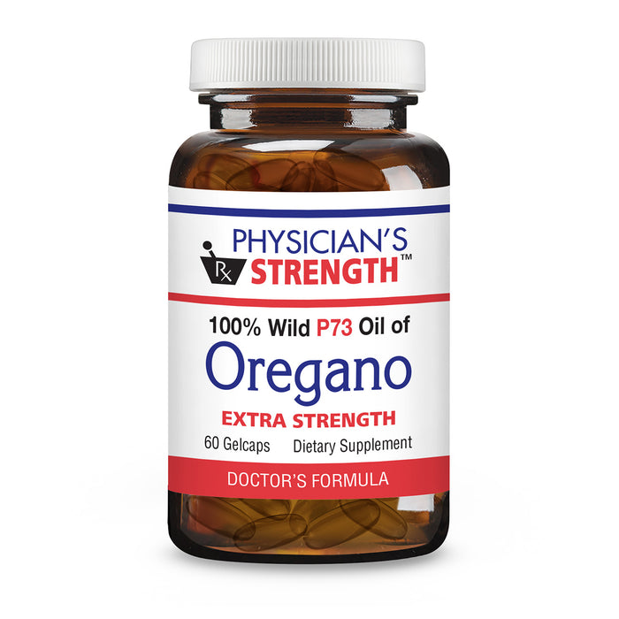 Physician's Strength P73 Oil of Oregano dietary supplement in an amber glass bottle with a white cap and white label featuring red and blue text.