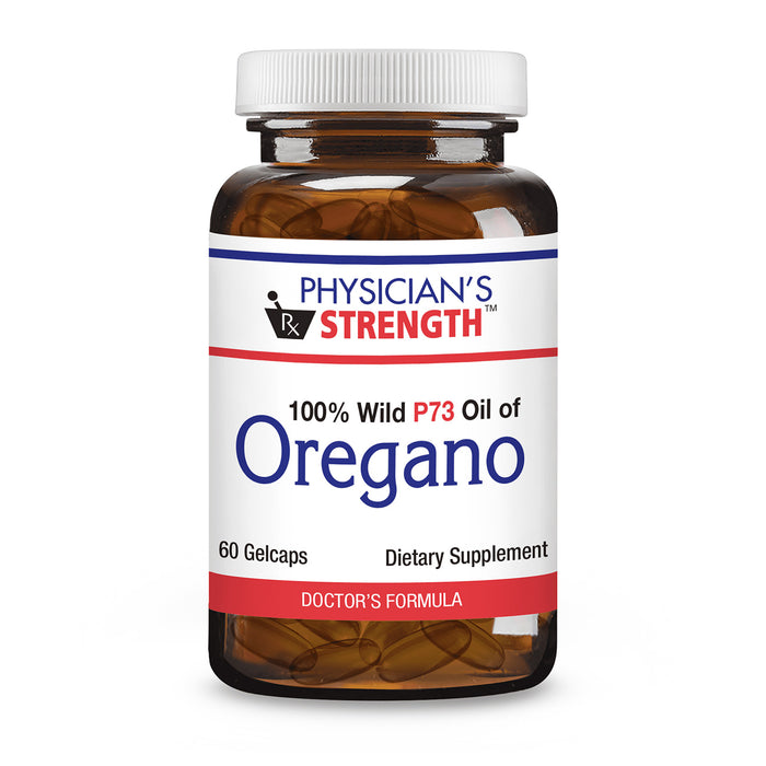 Physician's Strength 100% Wild P73 Oil of Oregano dietary supplement in an amber glass bottle with a white cap and white label.