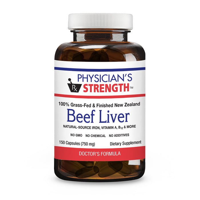 Physician's Strength Beef Liver dietary supplement in an amber plastic bottle with a white cap and a white label featuring red and blue text.