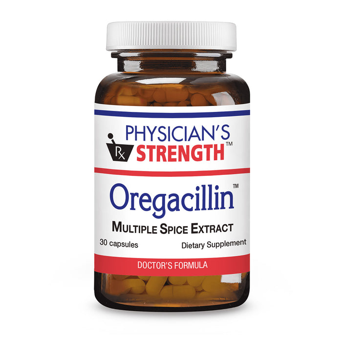 Physician's Strength Oregacillin Multiple Spice Extract dietary supplement bottle with a white cap and amber-brown bottle, containing yellow-orange capsules, on a white background.