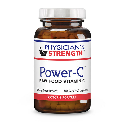 Physician's Strength Power-C Raw Food Vitamin C dietary supplement in an amber plastic bottle with a white cap and a white label featuring blue and red text.