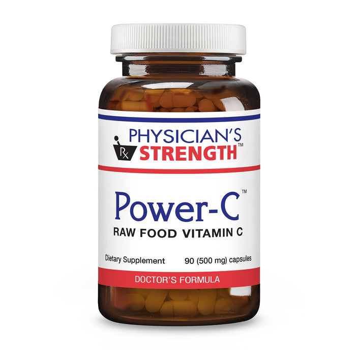 Physician's Strength Power-C Raw Food Vitamin C dietary supplement in an amber plastic bottle with a white cap and a white label featuring blue and red text.