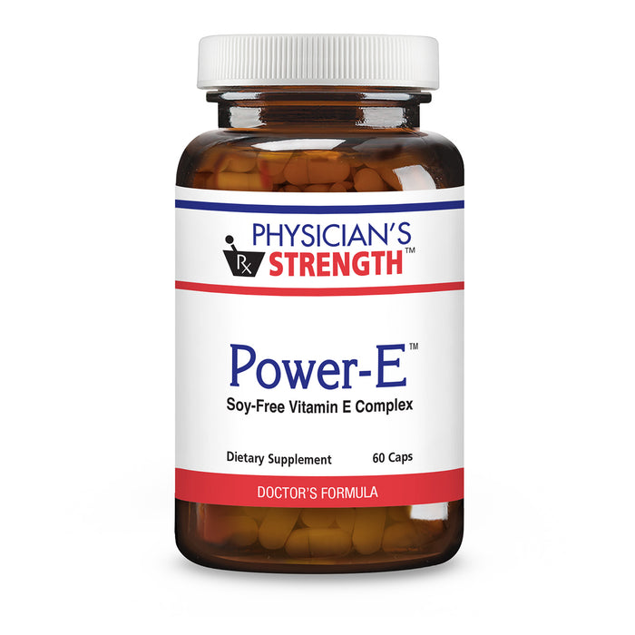 Physician's Strength Power-E Soy-Free Vitamin E Complex in an amber brown bottle with a white cap and white label, containing 60 capsules.