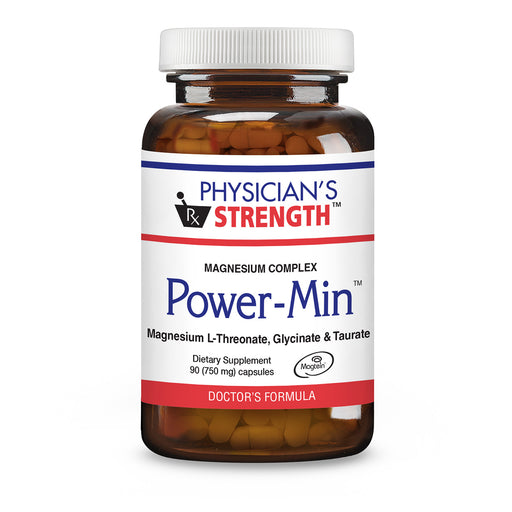 Physician's Strength Power-Min Magnesium Complex dietary supplement in an amber plastic bottle with a white cap and a white label featuring blue and red text.