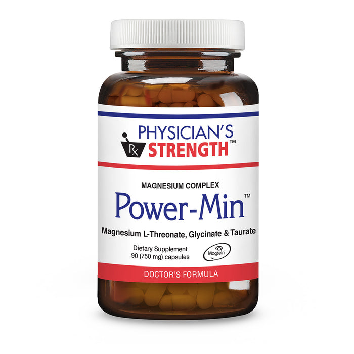 Physician's Strength Power-Min Magnesium Complex dietary supplement in an amber plastic bottle with a white cap and a white label featuring blue and red text.