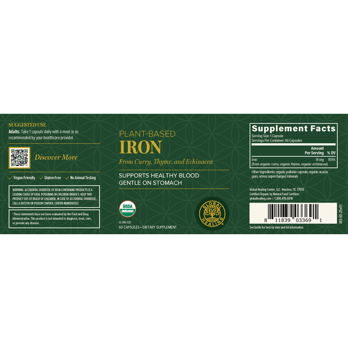 Supplement label with green and gold design on a white background