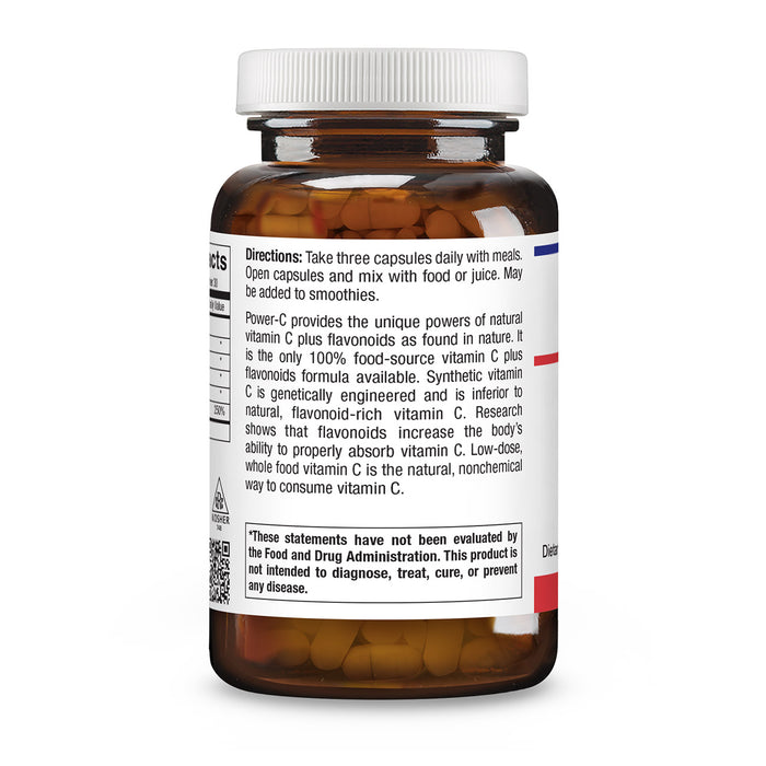 An amber brown supplement bottle with a white cap, showing the front label with text about taking three capsules daily. The label includes a small red, white, and blue vertical stripe on the right side.