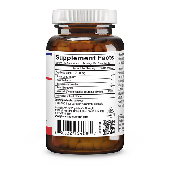 A brown supplement bottle with a white cap, showing the back of the label with Supplement Facts, a barcode, and a QR code on a white background.
