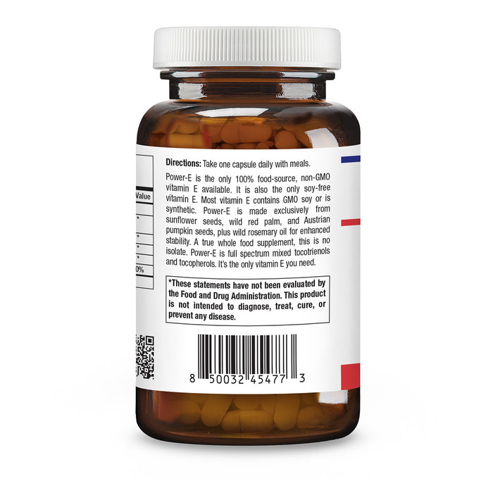 An amber plastic bottle of Power-E dietary supplement with a white cap, showing the back label with directions, a nutrition facts panel, QR code, and barcode on a white background.