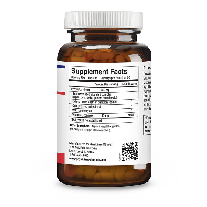 A white plastic bottle of Physician's Strength vitamins with a white cap, showing the Supplement Facts label. The label details ingredients like sunflower meal, vitamin E, and cold-pressed red palm oil, with a QR code and brand contact information.