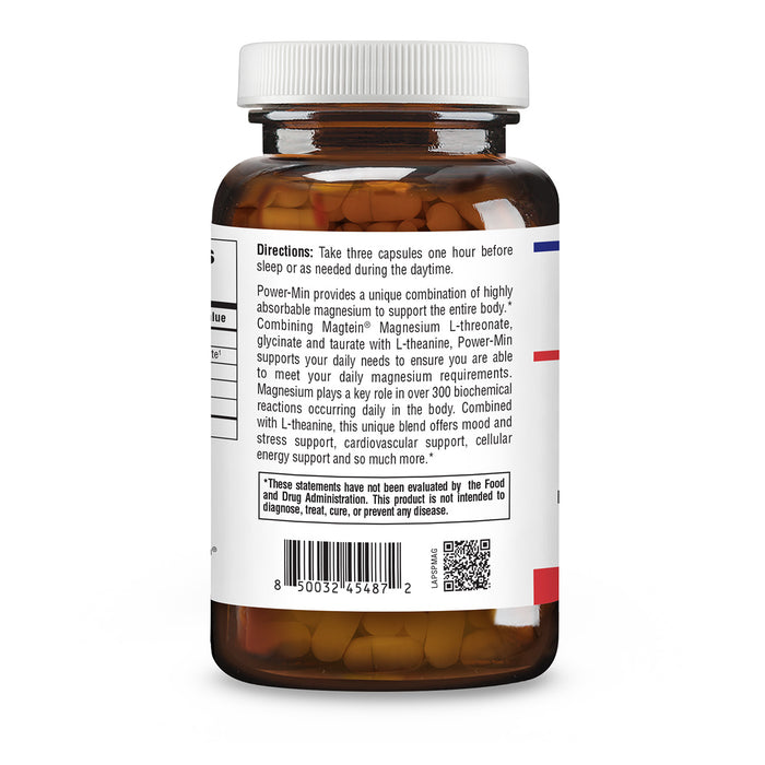 An amber brown supplement bottle with a white cap, shown from the back with a white label containing directions, a barcode, and small blue and red accents.