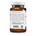 An amber brown supplement bottle with a white cap, shown from the back with a white label containing directions, a barcode, and small blue and red accents.