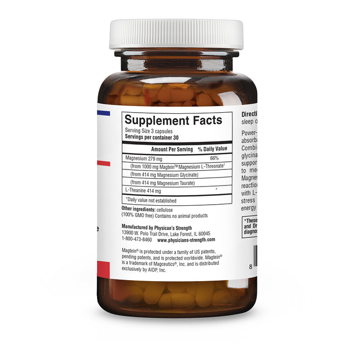 Physician's Strength Magnesium supplement bottle with a white cap and a white supplement facts label, shown on a clean white background.