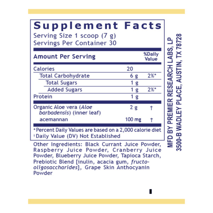 Premier Research Labs Aloe Powder Mixed Berry 210 g supplement facts label