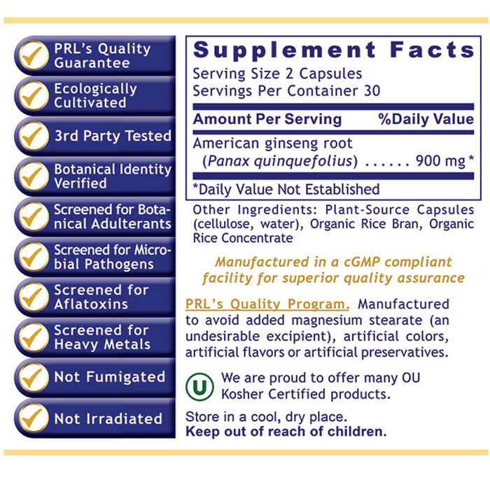 Premier Research Labs American Ginseng 900 mg 60 capsules supplement facts label