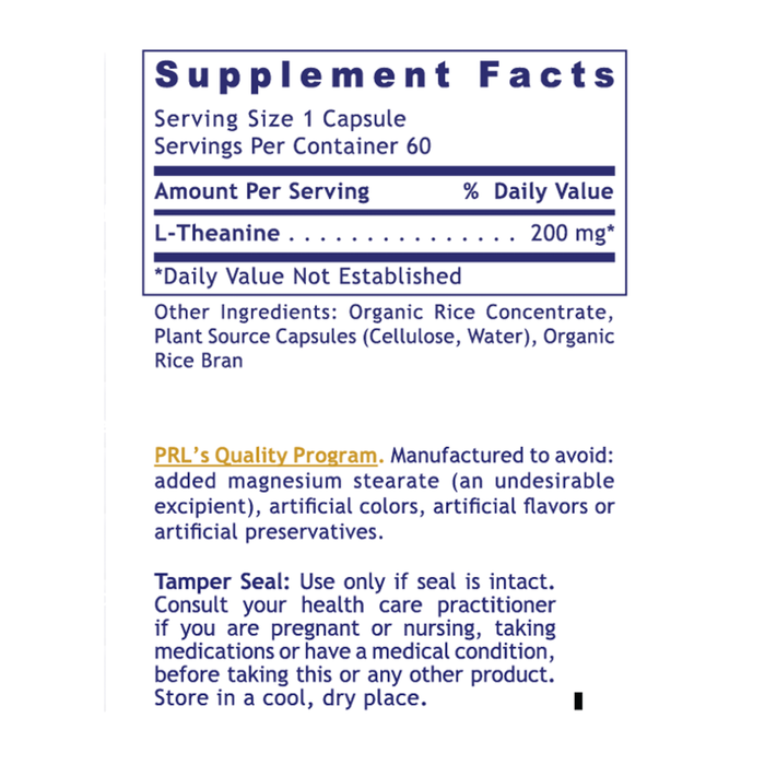 Premier Research Labs L-Theanine 200 mg 60 capsules supplement facts label