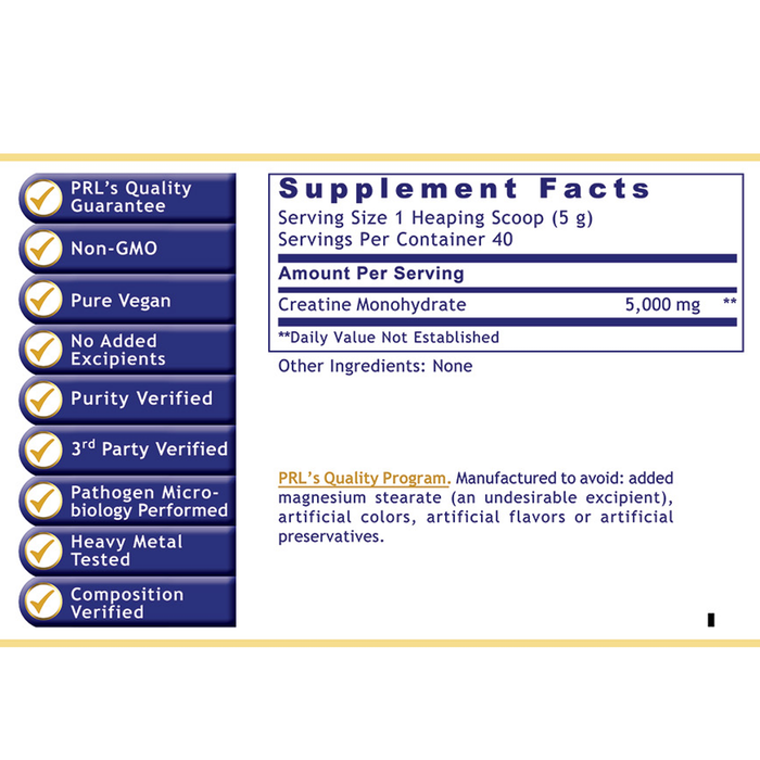 Premier Research Labs Premier Creatine 7.8 oz supplement facts label