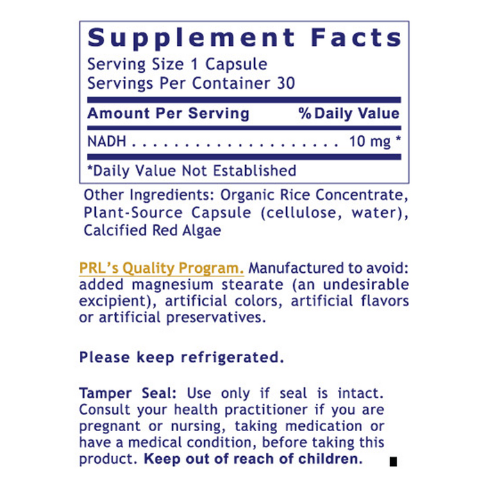 Premier Research Labs Premier NADH 10 mg 30 capsules supplement facts label