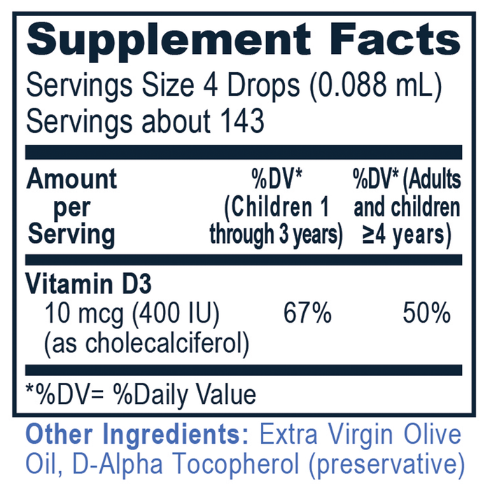 Premier Research Labs Vitamin D3 for Kids 0.43 fl oz supplement facts label