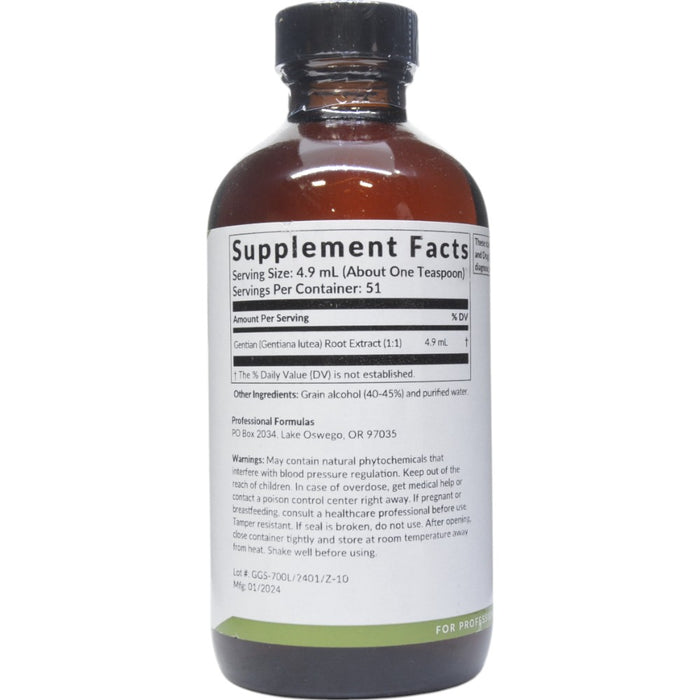 Professional Formulas Gentian (Gentiana lutea) 8.4 oz supplement facts label