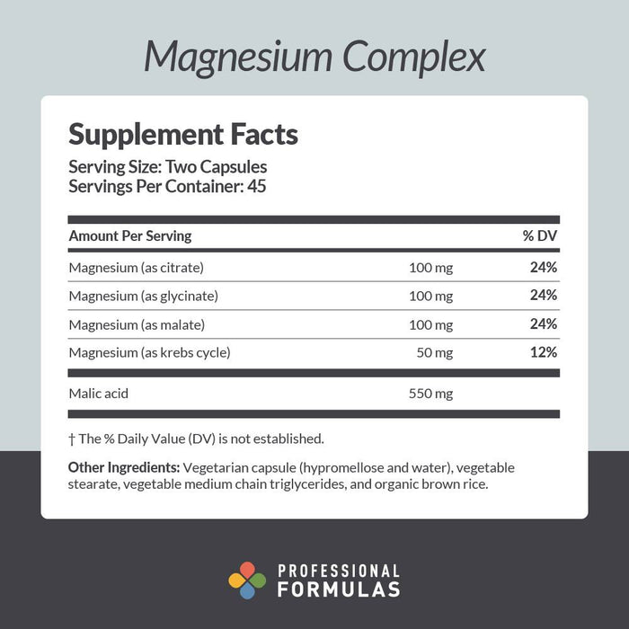 Professional Formulas Magnesium Complex 90 capsules supplement facts label