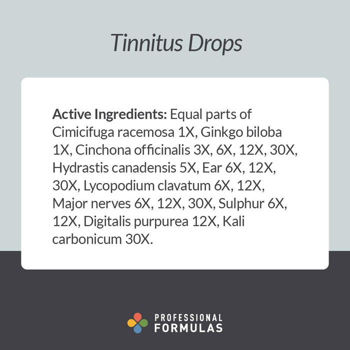 Professional Formulas Tinnitus Drops 2 oz active ingredients information card