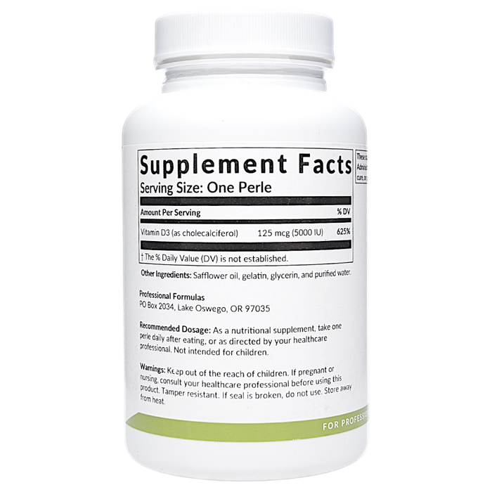 Professional Formulas Vitamin D3 5,000 IU 120 perles supplement facts label