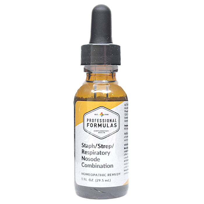 Bottle of Professional Formulas' Staph/Strep/Respiratory Nosode Combination supplement on a white background