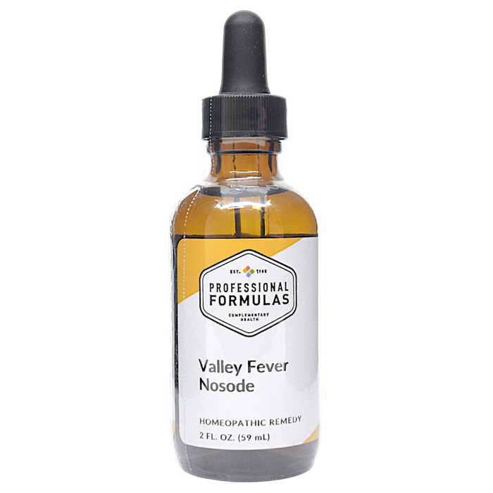 Bottle of Professional Formula's Valley Fever Nosode supplement on a white background