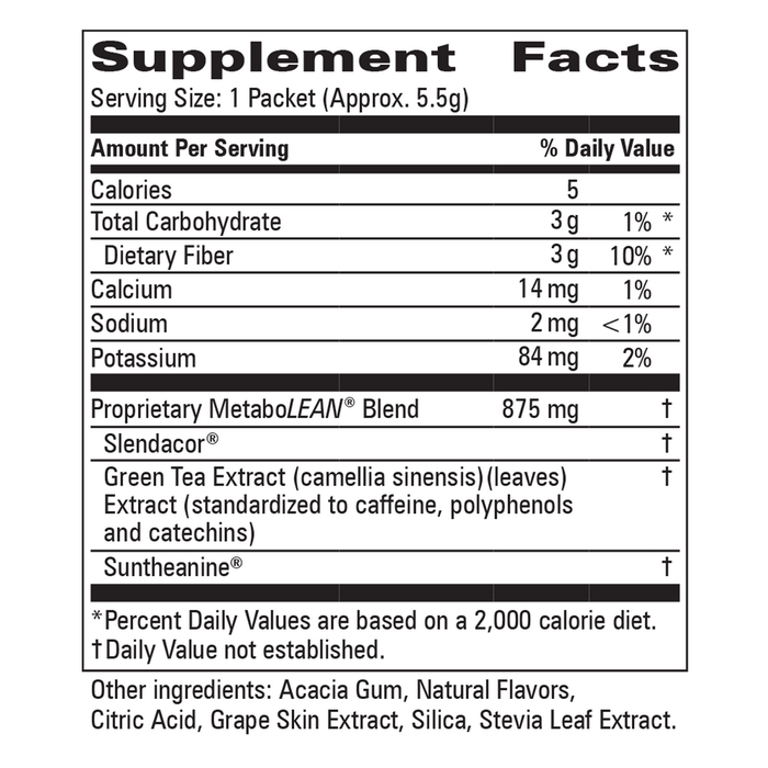 Progressive Labs Metabolean 30 packets supplement facts label