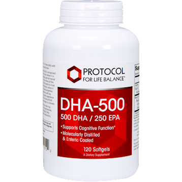 Protocol for Life Balance DHA-500 (500 DHA/250 EPA), 120 softgels, front of bottle