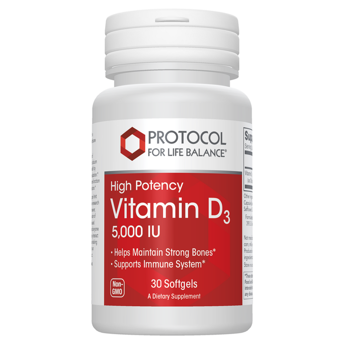 Protocol for Life Balance High Potency Vitamin D3 5,000 IU, 30 softgels, front of bottle