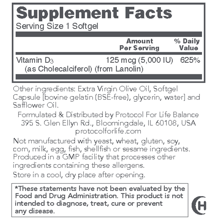 Protocol for Life Balance High Potency Vitamin D3 5,000 IU 30 softgels supplement facts label