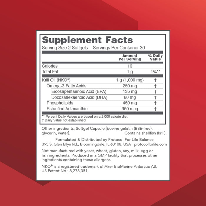 Protocol for Life Balance Krill Oil 500 mg 60 softgels supplement facts label