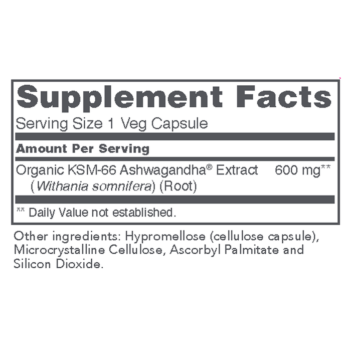 Protocol for Life Balance KSM-66 Ashwagandha Root Extract 90 capsules supplement facts label