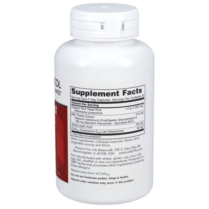 Protocol for Life Balance Red Yeast Rice Plus 600 mg 90 capsules supplement facts label