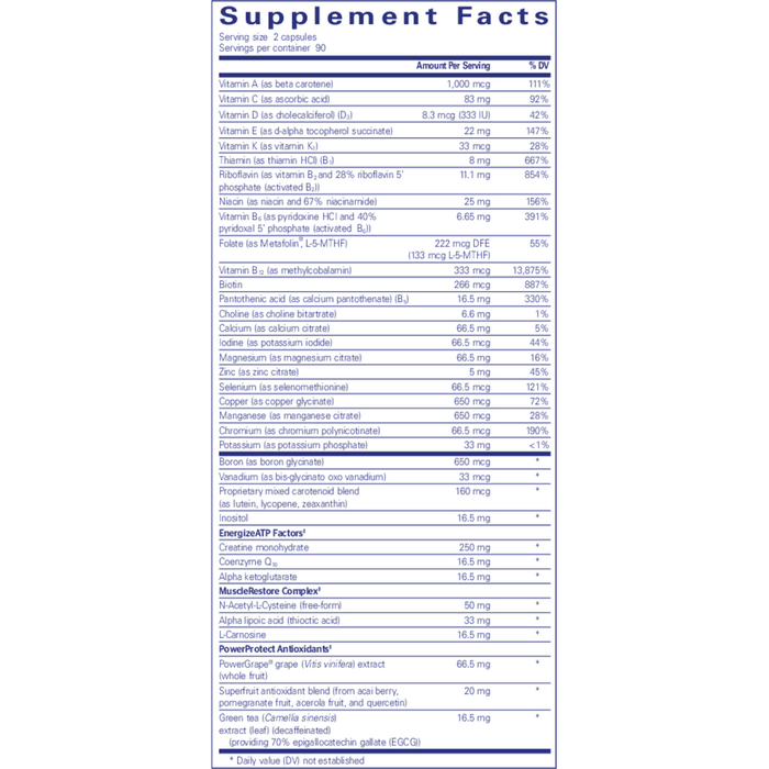 Pure Encapsulations Athletic Nutrients 180 capsules supplement facts label