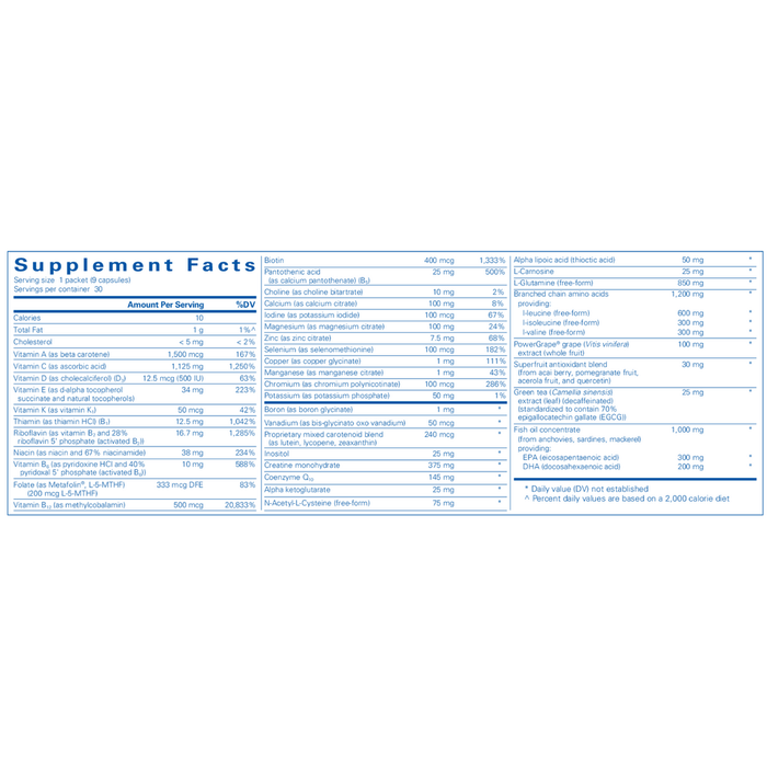 Pure Encapsulations Athletic Pure Pack 30 packets supplement facts label