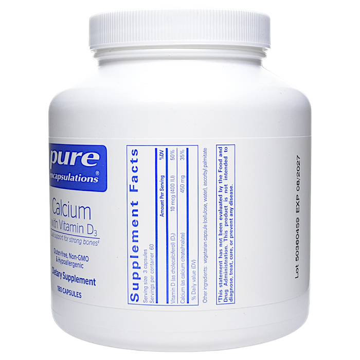 Pure Encapsulations Calcium with Vitamin D3 180 capsules supplement facts label