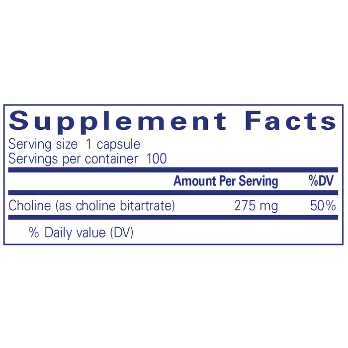 Pure Encapsulations Choline (bitartrate) 100 capsules supplement facts label