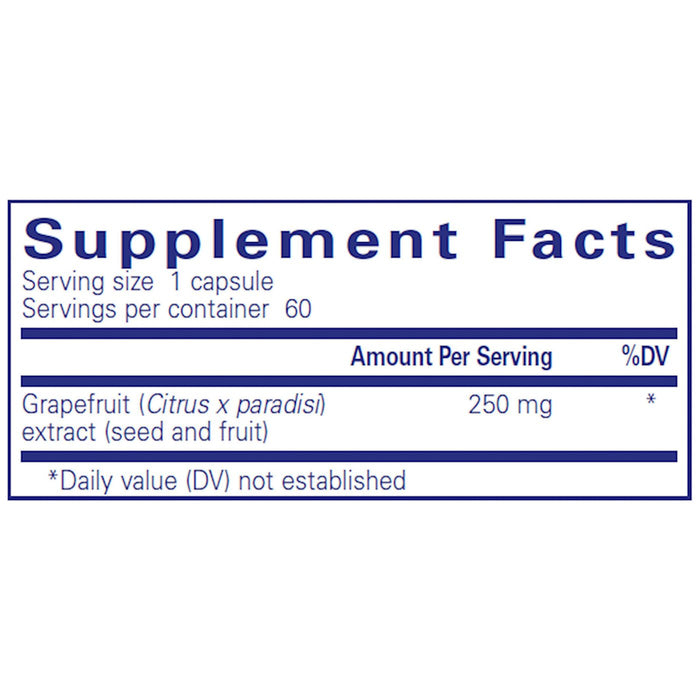 Pure Encapsulations Grapefruit Seed Extract 250 mg 60 capsules supplement facts label